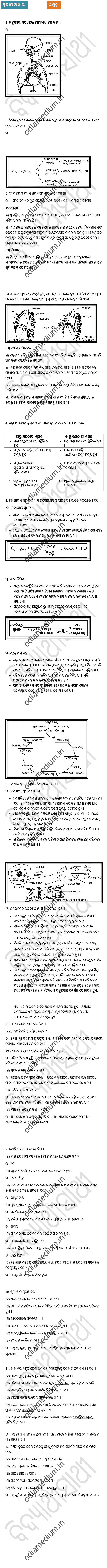 Class 10 Life Science Chapter 2 Respiration Question Answer Odia medium